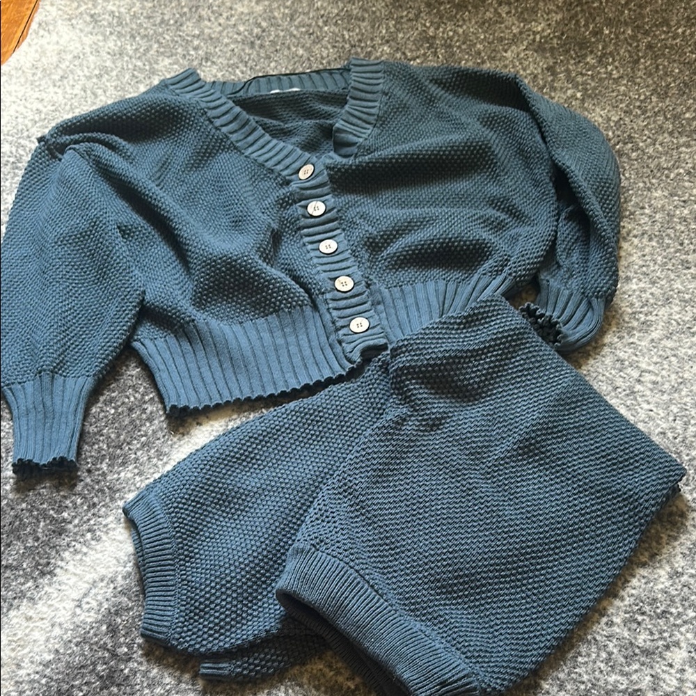 Free People Blue Ribbed Cardigan Sweater Set